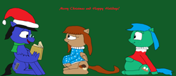 Size: 3064x1336 | Tagged: safe, artist:blazewing, oc, oc only, oc:blazewing, oc:maggie, oc:pecan sandy, pegasus, pony, book, christmas, christmas sweater, chubby, clothes, cute, female, glasses, green background, happy holidays, hat, hearth's warming, holiday, hoof on belly, jewelry, male, mare, necklace, pearl necklace, plump, reading, santa hat, scarf, simple background, sitting, smiling, stallion, sweater, text, wing hands, wings