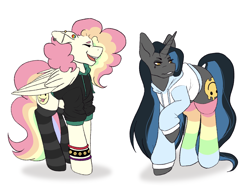 Size: 2732x2048 | Tagged: safe, artist:snows-undercover, oc, oc only, oc:cheery candy, oc:tough cookie (ice1517), pegasus, pony, unicorn, bracelet, cheerycookie, clothes, clothes swap, ear piercing, earring, eyeshadow, female, high res, hoodie, jewelry, lesbian, makeup, mare, multicolored hair, oc x oc, open mouth, piercing, rainbow hair, rainbow socks, raised hoof, shipping, simple background, socks, striped socks, white background, wristband