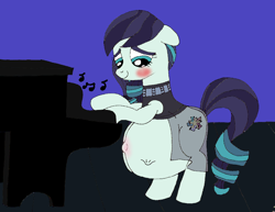Size: 814x629 | Tagged: safe, artist:mj455, coloratura, earth pony, pony, g4, belly, belly blush, belly button, big belly, bipedal, blushing, cute, cutie mark, female, floppy ears, kicking, looking at belly, mare, musical instrument, outie belly button, piano, pregnant, pregnant rara, rara, rarabetes