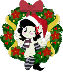 Size: 5000x5786 | Tagged: safe, artist:jhayarr23, part of a set, oc, oc only, oc:marie, pegasus, pony, blushing, christmas, clothes, female, hat, holiday, jhayarr23's holiday ych, mare, movie accurate, one eye closed, santa hat, scarf, simple background, socks, solo, striped socks, transparent background, wink, ych result