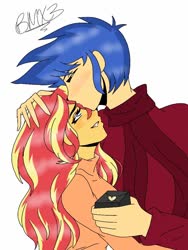 Size: 768x1024 | Tagged: safe, artist:brickercupmasterx3, flash sentry, sunset shimmer, equestria girls, g4, clothes, cute, female, kiss on the head, male, romance, romantic, ship:flashimmer, shipping, smiling, straight, sweater