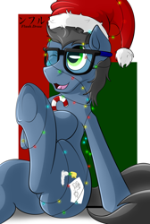 Size: 2010x2985 | Tagged: safe, artist:flash_draw, oc, oc only, oc:flashdraw, pony, candy, candy cane, christmas, cute, food, glasses, hat, high res, holiday, male, santa hat, solo