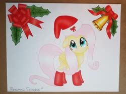 Size: 4032x3024 | Tagged: safe, artist:maximustimaeus, fluttershy, pegasus, pony, g4, bell, bow, christmas, clothes, colored pencil drawing, costume, female, hat, holiday, holly, mare, ribbon, santa costume, santa hat, simple background, smiling, socks, solo, traditional art, white background