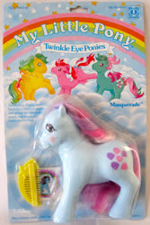 Size: 669x1000 | Tagged: safe, photographer:sosilver, fizzy, galaxy (g1), masquerade (g1), sweet stuff, twinkle eyed pony, g1, official, blushing, bow, comb, irl, packaging, packaging error, photo, tail bow, text, toy, you had one job