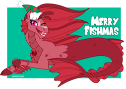 Size: 2000x1423 | Tagged: dead source, safe, artist:wubcakeva, oc, oc only, oc:mezma, siren, christmas, cloven hooves, fangs, female, fins, fish tail, gem, hat, holiday, looking at you, one eye closed, open mouth, prone, pun, santa hat, scales, siren gem, slit pupils, smiling, solo, wink