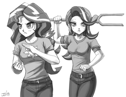 Size: 1400x1076 | Tagged: safe, artist:johnjoseco, starlight glimmer, sunset shimmer, equestria girls, g4, the cutie map, beanie, clothes, duo, fight, fighting stance, hat, monochrome, river city girls, river city ransom, simple background, staff, staff of sameness, white background