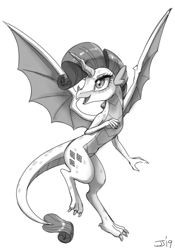 Size: 3875x5539 | Tagged: safe, artist:johnjoseco, rarity, dragon, g4, black and white, cutie mark, cutie mark on dragon, dragonified, female, flying, grayscale, happy, looking up, monochrome, raridragon, simple background, smiling, solo, species swap, white background