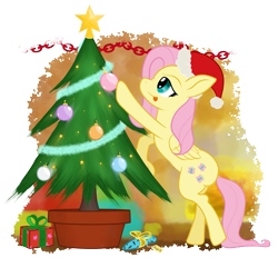 Size: 1649x1528 | Tagged: safe, artist:underwoodart, fluttershy, pegasus, pony, g4, :p, christmas, christmas ball, christmas decoration, christmas tree, decorating, female, folded wings, hat, hearth's warming, holiday, present, profile, santa hat, simple background, solo, tongue out, transparent background, tree, wings