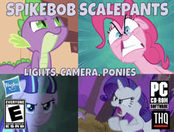 Size: 637x484 | Tagged: safe, edit, edited screencap, editor:undeadponysoldier, screencap, pinkie pie, rarity, spike, starlight glimmer, dragon, earth pony, pony, unicorn, series:spikebob scalepants, dragon quest, g4, owl's well that ends well, pinkie pride, the cutie map, angry, box art, cd-rom, e rating, esrb, evil, faic, female, lights camera pants, male, mare, one of these things is not like the others, parody, pc, pc logo, s5 starlight, spongebob squarepants, thq, thq logo, video game