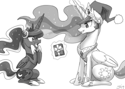Size: 1400x1001 | Tagged: safe, artist:johnjoseco, princess celestia, princess luna, alicorn, pony, gamer luna, g4, christmas, female, folded wings, gift giving, glowing horn, happy, hat, headset, holiday, horn, levitation, magic, mare, monochrome, open mouth, open smile, present, royal sisters, santa hat, signature, simple background, sitting, smiling, telekinesis, white background, wings
