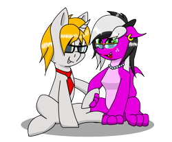 Size: 2024x1678 | Tagged: safe, artist:dianetgx, oc, oc:axle bright, oc:diane tgx, dragon, pony, unicorn, 2020 community collab, derpibooru community collaboration, dragoness, ear piercing, earring, fangs, female, glasses, jewelry, necklace, pearl necklace, piercing, simple background, smiling, transparent background