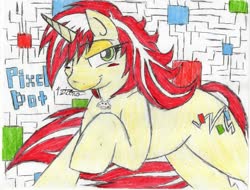 Size: 1025x780 | Tagged: safe, artist:petanoprime, oc, oc only, oc:pixel dot, pony, unicorn, abstract background, female, hair over one eye, horn, jewelry, mare, necklace, raised hoof, smiling, solo, traditional art, unicorn oc