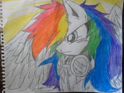 Size: 1280x960 | Tagged: safe, artist:petanoprime, rainbow dash, pegasus, pony, clothes, female, goggles, hair over one eye, irl, mare, partial color, photo, signature, solo, traditional art