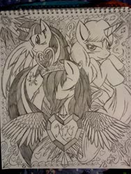 Size: 720x960 | Tagged: safe, artist:petanoprime, taralicious, twilight sparkle, oc, alicorn, earth pony, pony, unicorn, g4, angelic wings, crystal heart, eyes closed, female, filly, hair over one eye, in memoriam, in memory of kiki havivy, irl, jewelry, kiki havivy, mare, photo, ponified, rest in peace, spread wings, tara strong, tiara, traditional art, tribute, twilight sparkle (alicorn), wings