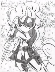 Size: 2550x3293 | Tagged: safe, artist:petanoprime, pinkie pie, earth pony, pony, g4, balloon, clothes, cosplay, costume, crossover, deadpool, female, high res, hoof hold, mare, marvel, monochrome, pinkiepool, solo, speech, sword, traditional art, weapon