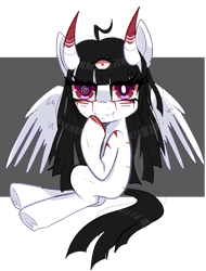 Size: 1107x1453 | Tagged: safe, artist:peachesandcreamated, oc, oc only, pegasus, pony, blood, devil horns, fangs, heterochromia, pegasus oc, simple background, smiling, solo, swirly eyes, third eye, transparent background, wings