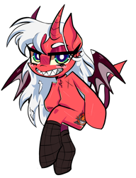 Size: 1611x2103 | Tagged: safe, artist:peachesandcreamated, oc, oc only, oc:mayniacal, demon, demon pony, monster pony, original species, amputee, clothes, devil horns, fangs, fishnet stockings, grin, sharp teeth, simple background, sitting, smiling, socks, solo, stockings, teeth, thigh highs, white background