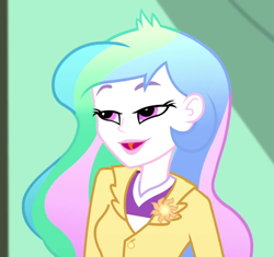 Size: 1147x1080 | Tagged: safe, screencap, princess celestia, principal celestia, equestria girls, g4, my little pony equestria girls: summertime shorts, subs rock, brooch, canterlot high, classroom, cropped, cutie mark accessory, cutie mark brooch, female, great moments in animation, jewelry, lidded eyes, open mouth, solo