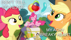 Size: 750x422 | Tagged: safe, edit, edited screencap, screencap, apple bloom, applejack, pinkie pie, g4, pinkie apple pie, achy breaky heart, apples to the core, billy ray cyrus, caption, song in the comments, song reference