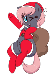 Size: 1500x2100 | Tagged: safe, artist:notenoughapples, oc, oc only, oc:vedalia rose, earth pony, pony, christmas, clothes, hat, holiday, leggings, one eye closed, santa hat, simple background, smiling, solo, stockings, thigh highs, transparent background, underhoof, wink