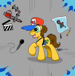 Size: 1288x1304 | Tagged: safe, artist:lucas_gaxiola, oc, oc only, oc:charmed clover, pony, chainsaw, drawing, hat, male, microphone, open mouth, pencil, raised hoof, signature, smiling, solo, stallion