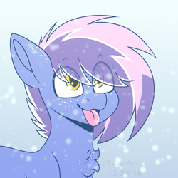 Size: 5000x5000 | Tagged: safe, artist:tuzz-arts, oc, oc only, oc:berry frost, earth pony, pony, chest fluff, chest freckles, freckles, snow, snowfall, solo, tongue out
