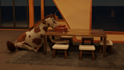Size: 3840x2160 | Tagged: safe, artist:kiedough, oc, oc only, oc:kie dough, horse, pony, 3d, barely pony related, blender, blender cycles, cake, chair, eating, fail, fat, food, high res, solo, table
