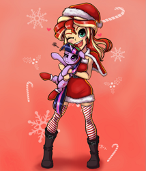 Size: 855x1000 | Tagged: safe, artist:the-park, sunset shimmer, twilight sparkle, alicorn, human, pony, equestria girls, g4, christmas, clothes, dress, duo, female, hat, holding a pony, holiday, santa hat, simple background, socks, thigh highs, twilight sparkle (alicorn)