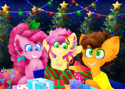 Size: 2533x1791 | Tagged: safe, artist:vanillaswirl6, cheese sandwich, li'l cheese, pinkie pie, earth pony, pony, g4, the last problem, christmas, christmas 2019, christmas lights, christmas tree, daughter, father, female, fluffy, holiday, jewelry, male, mother, pendant, pony present, present, ribbon, ship:cheesepie, shipping, straight, tree, trio