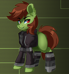 Size: 1867x2000 | Tagged: safe, artist:ciderpunk, derpibooru exclusive, oc, oc only, oc:emerald spark, earth pony, pony, abstract background, commission, ear fluff, green background, looking at you, male, simple background, stallion