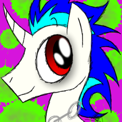 Size: 300x300 | Tagged: safe, artist:didun850, oc, oc only, oc:quake plosion, pony, unicorn, bust, chains, curved horn, eyeliner, horn, makeup, male, smiling, solo, stallion, unicorn oc, virus