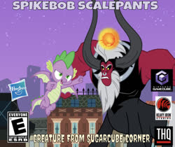 Size: 602x506 | Tagged: safe, artist:cheezedoodle96, artist:punzil504, edit, editor:undeadponysoldier, lord tirek, spike, centaur, dragon, series:spikebob scalepants, g4, angry, box art, city, creature from the krusty krab, flying, gamecube, gamecube logo, hasbro, hasbro logo, implied sugarcube corner, macro, magic, male, manehattan, parody, rampage, rated e, spongebob squarepants, thq, thq logo, video game, winged spike, wings