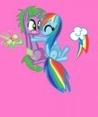 Size: 144x171 | Tagged: artist needed, source needed, safe, rainbow dash, spike, pegasus, pony, g4, female, kissing, male, ship:rainbowspike, shipping, straight