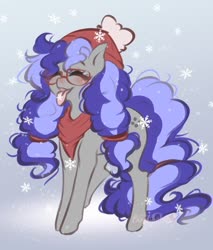 Size: 580x680 | Tagged: source needed, safe, artist:bunnywhiskerz, oc, oc only, oc:cinnabyte, earth pony, pony, adorkable, bandana, beanie, blushing, cinnabetes, cute, dork, earth pony oc, eyes closed, female, happy, hat, mare, pigtails, snow, snowfall, snowflake, solo, tongue out