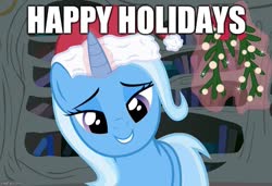Size: 731x500 | Tagged: safe, trixie, pony, g4, bedroom eyes, caption, christmas, female, golden oaks library, hat, holiday, image macro, santa hat, smiling, solo, text