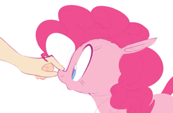 Size: 1863x1215 | Tagged: safe, artist:hattsy, pinkie pie, earth pony, human, pony, g4, cute, diapinkes, disembodied hand, female, hand, mare, offscreen character, open mouth