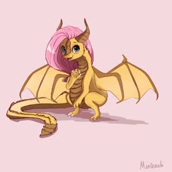 Size: 4000x4000 | Tagged: safe, artist:miokomata, fluttershy, dragon, g4, blushing, dragoness, dragonified, female, flutterdragon, horns, long tail, looking at you, open mouth, pink background, simple background, solo, species swap, spread wings, squatting, wings