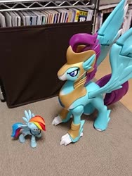 Size: 1080x1440 | Tagged: safe, rainbow dash, stratus skyranger, hippogriff, pegasus, pony, g4, book, female, goggles, guardians of harmony, irl, mare, misadventures of the guardians, photo, size comparison, toy