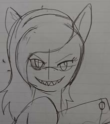 Size: 1080x1222 | Tagged: safe, artist:omegapony16, oc, oc only, oc:oriponi, bat pony, pony, bat pony oc, bust, female, grin, lineart, lined paper, mare, sharp teeth, smiling, solo, teeth, traditional art