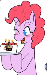 Size: 844x1348 | Tagged: safe, alternate version, artist:omegapony16, pinkie pie, earth pony, pony, g4, blushing, bomb, c4, cake, female, food, mare, one eye closed, open mouth, simple background, smiling, solo, weapon, white background, wink