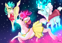 Size: 2900x2000 | Tagged: safe, artist:batrina, alice the reindeer, aurora the reindeer, bori the reindeer, deer, reindeer, g4, my little pony best gift ever, christmas, deer magic, flying, group, hearth's warming eve, high res, holiday, magic, night, night sky, pale belly, sky, snow, the gift givers, tree, trio