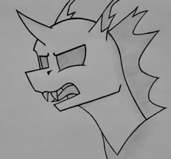 Size: 1024x951 | Tagged: safe, artist:brandall-td-art, changeling, angry, bust, fangs, monochrome, sharp teeth, solo, teeth, tongue out, traditional art