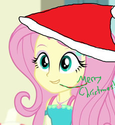 Size: 628x686 | Tagged: safe, edit, edited screencap, screencap, fluttershy, equestria girls, g4, 1000 hours in ms paint, christmas, clothes, cropped, dress, hat, holiday, jewelry, merry christmas, necklace, open mouth, santa hat, talking, text
