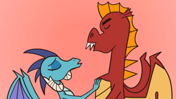 Size: 1717x966 | Tagged: safe, artist:noidavaliable, edit, garble, princess ember, dragon, g4, eyes closed, female, imminent kissing, male, ship:emble, shipping, straight