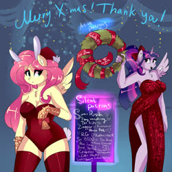Size: 4000x4000 | Tagged: safe, artist:xjenn9, fluttershy, twilight sparkle, alicorn, anthro, g4, bunny suit, chest fluff, christmas, christmas tree, christmas wreath, cleavage fluff, clothes, dress, hat, holiday, ponytail, santa hat, side slit, total sideslit, tree, twilight sparkle (alicorn), wreath
