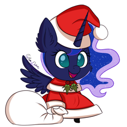 Size: 960x960 | Tagged: safe, artist:moon-potion, princess luna, pony, g4, christmas, cute, female, hat, holiday, holly, padoru, santa hat, simple background, solo, white background
