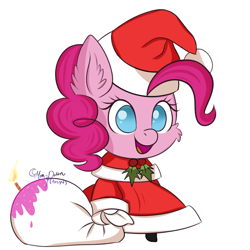 Size: 960x960 | Tagged: safe, artist:moon-potion, pinkie pie, earth pony, pony, g4, cake, christmas, cute, female, food, hat, holiday, holly, padoru, santa hat, simple background, solo, white background