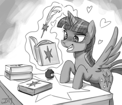 Size: 1100x943 | Tagged: safe, artist:johnjoseco, twilight sparkle, alicorn, pony, g4, book, female, heart, heart eyes, inkwell, monochrome, open mouth, quill, quill pen, sketch, solo, that pony sure does love books, twilight sparkle (alicorn), wingding eyes