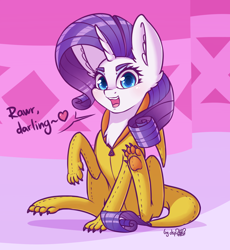 Size: 1548x1680 | Tagged: safe, artist:dsp2003, rarity, pony, unicorn, g4, blushing, carousel boutique, clothes, colored pupils, costume, cute, darling, female, heart, looking at you, mare, open mouth, rawr, signature, sitting, speech bubble