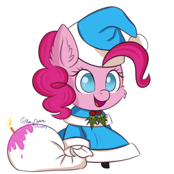 Size: 960x960 | Tagged: safe, artist:moon-potion, pinkie pie, pony, g4, bag, christmas, cute, female, hat, holiday, padoru, santa hat, simple background, solo, white background